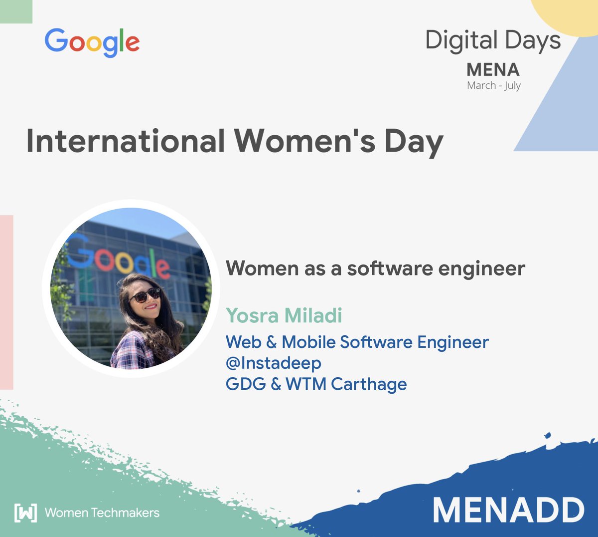 Mena Digital Days #MENADD week 2, Day 4 #InternationalWomenDay 
🤩🤩🤩 Don’t miss today’s Leadership / Tech sessions with <a href="/CarthageWtm/">WTM Carthage</a> Leads <a href="/zazouws/">Zohra Slim</a> and <a href="/miladi_yosra/">Yosra Miladi</a>  at 5PM Tunisia Time,
Live on  #YouTube : bit.ly/mena-dd-yt
<a href="/WomenTechmakers/">Women Techmakers</a>