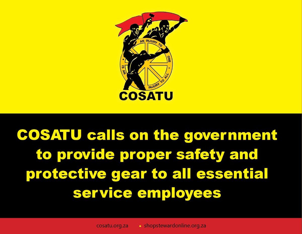 _cosatu's tweet photo. #Solidarity with all workers affected by #COVID19 mandatory #lockdown @DrZweliMkhize @HajraOmarjee @NatashaN_Phiri @GetrudeM @ThetoThakane @TeamNews24 @IOL @City_Press @shiburyder @CathyMohlahlana @TsepisoMakwetla @janedutton https://t.co/l5HfS4wPRw