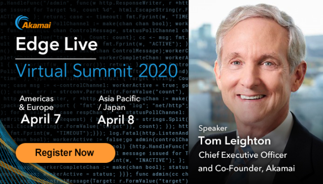 BorowskyLiz's tweet photo. Akamai CEO and Co-Founder @TomLeightonAKAM keynotes #EdgeLive with perspectives on meeting the online demands of the global health crisis. Register now. @Akamai https://t.co/Ixf6RshTK3 https://t.co/kmu1mWnj0u