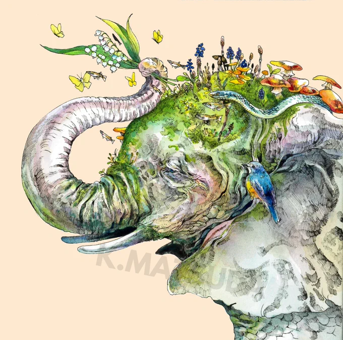 『呼鈴』S0号 水彩 ペン アクリル
鈴蘭の花を鈴に見立て、その音に春の生き物達や、集まってくる様子を描きました。
ゾウの表情は優しさをもってし、他の生き物は春の陽気にいきいきとしているようにしています。
難しい情勢が続きますが、明るい春を描いていければと思います。

#マツダケン 
