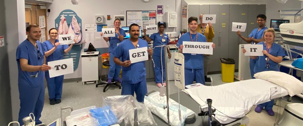 WesternHSCTrust's tweet photo. Altnagelvin Cath lab team practicing social distancing within their department #WTHeroes https://t.co/tXfcOffsVE