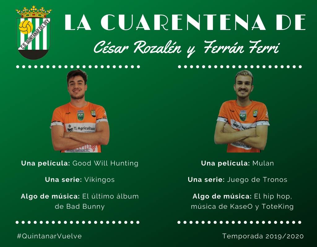 📌 La cuarentena de la plantilla del CD Quintanar del Rey. 

Hoy <a href="/rozalencsar/">cesitar99</a> y <a href="/feers196/">FerranFerri1</a> recomiendan una 📽 película, una 🎞 serie y un poco de 🎶 música.

#QuédateEnCasa
#QuintanarVuelve