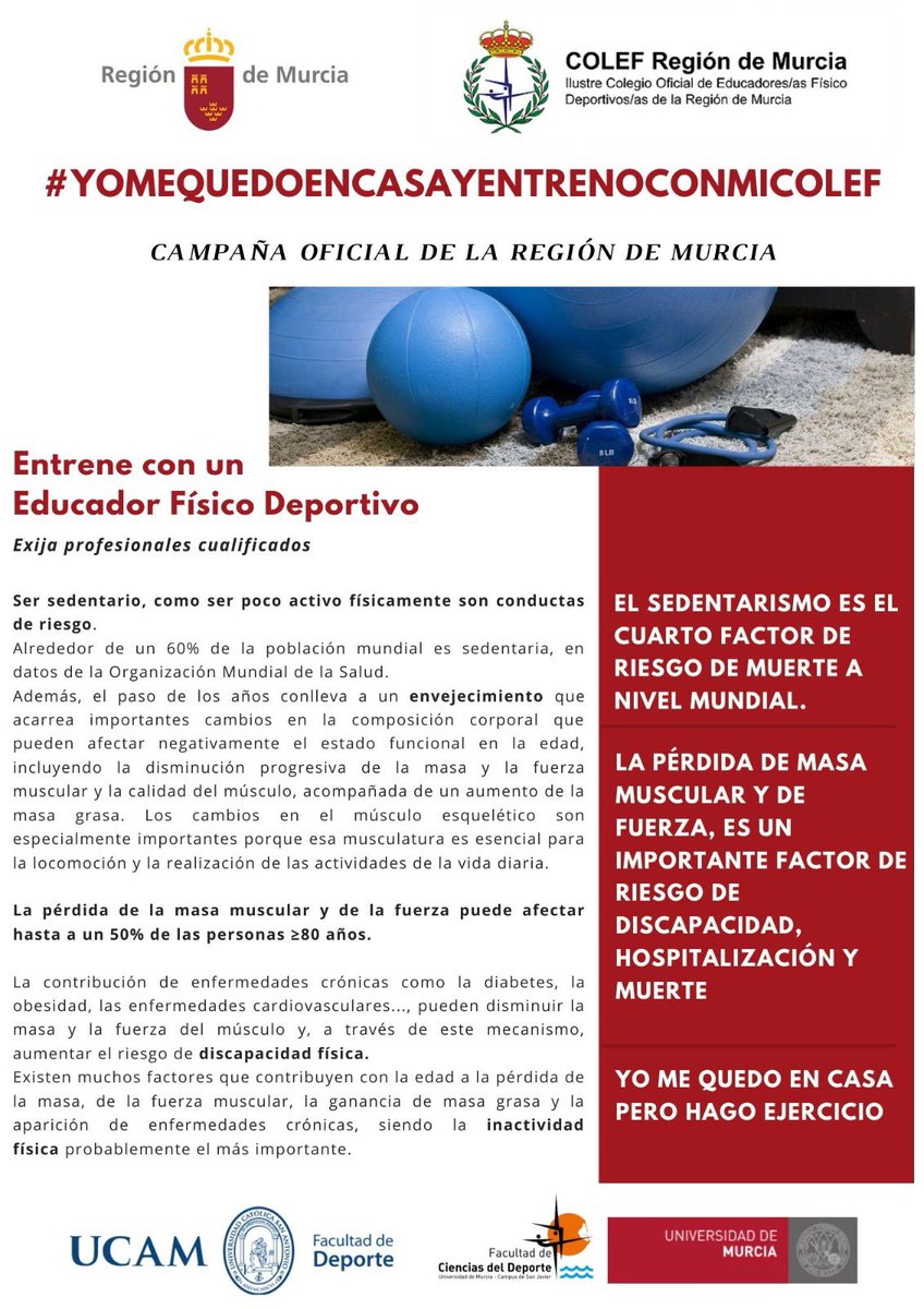 COLEF_Murcia's tweet photo. El @COLEF_Murcia junto a @DeportesMurcia @UCAM_CAFD @umucafd presentamos la campaña #yomequedoencasayentrenoconmicolef Realiza ejercicio físico bajo la supervisión de un #profesionalcualificado #Educadorfísicodeportivo Con la Salud no se juega! Elígenos! https://t.co/fsDU6uOqEU