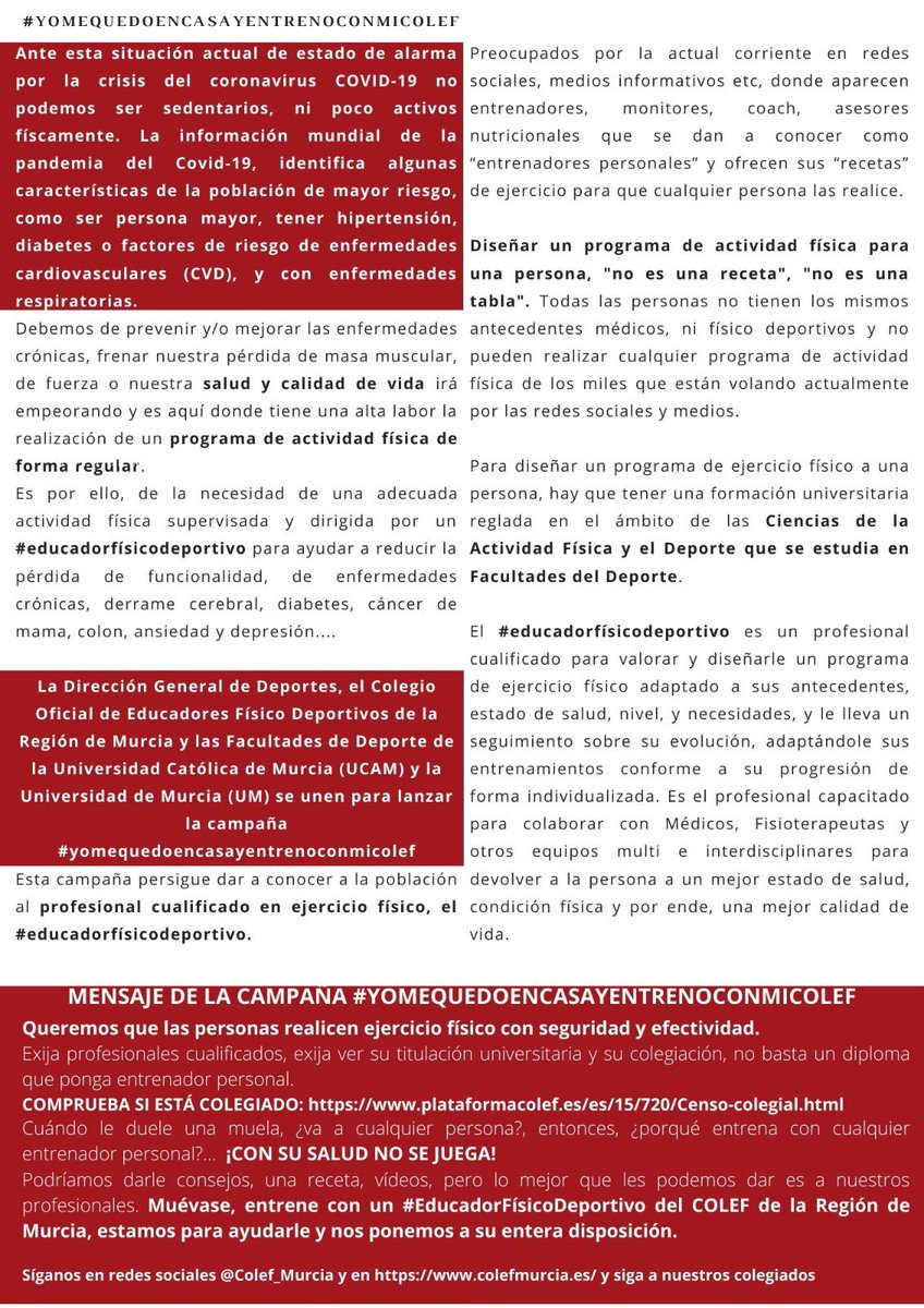 COLEF_Murcia's tweet photo. El @COLEF_Murcia junto a @DeportesMurcia @UCAM_CAFD @umucafd presentamos la campaña #yomequedoencasayentrenoconmicolef Realiza ejercicio físico bajo la supervisión de un #profesionalcualificado #Educadorfísicodeportivo Con la Salud no se juega! Elígenos! https://t.co/fsDU6uOqEU