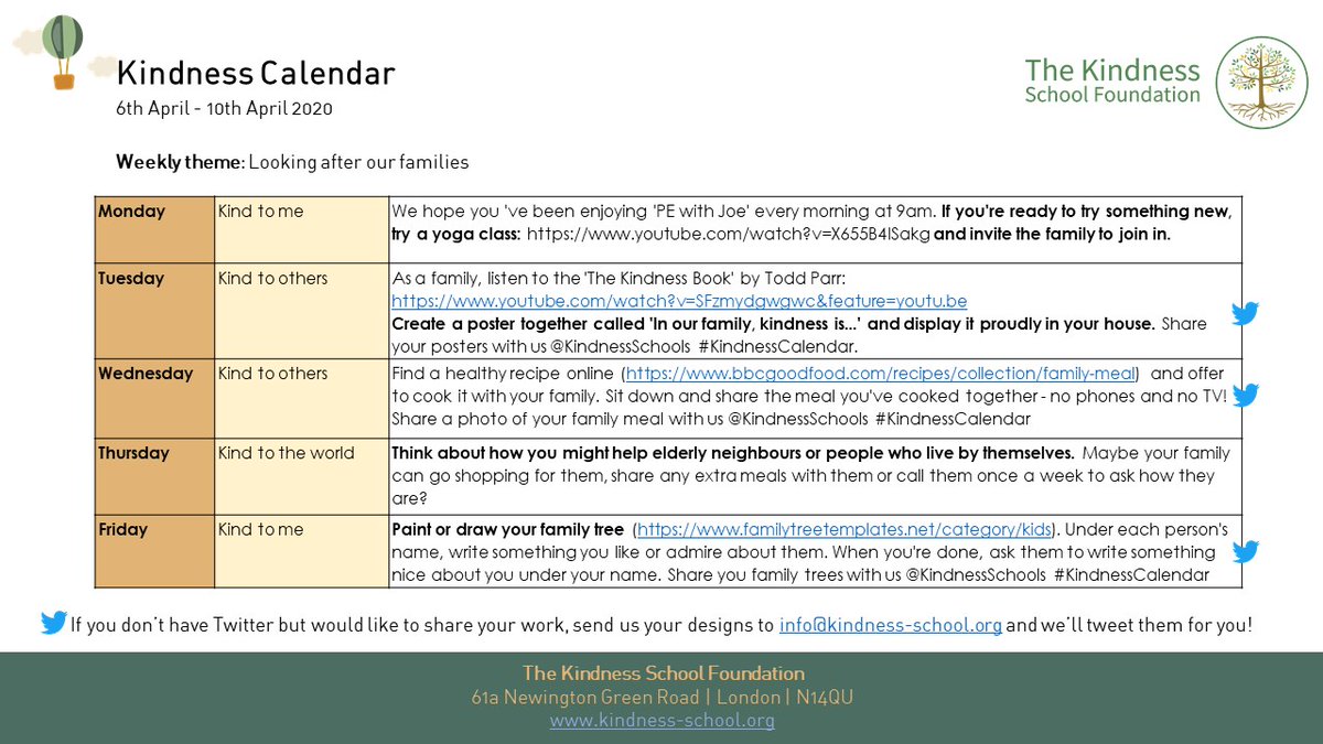 Our next Kindness Calendar is out! Week 2 (6 - 10 April) is about 𝗟𝗼𝗼𝗸𝗶𝗻𝗴 𝗮𝗳𝘁𝗲𝗿 𝗼𝘂𝗿 𝗳𝗮𝗺𝗶𝗹𝗶𝗲𝘀. Download the free calendar here: kindness-school.org/kindness-calen… #KindnessCalendar #Homeschooling2020 #FFBWednesday @RAKFoundation @actionhappiness @RippleKindness