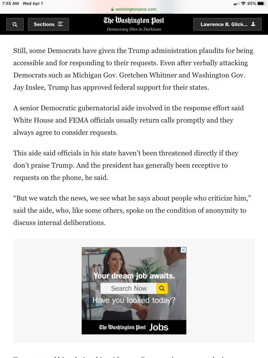 To their credit, this part of the Post’s story is remarkable. But it also suggests the low bar for Trump: the fact that his administration has done the basics for some blue states—provided aide, returned calls, and even “agreed to consider requests”—should not be newsworthy. /11