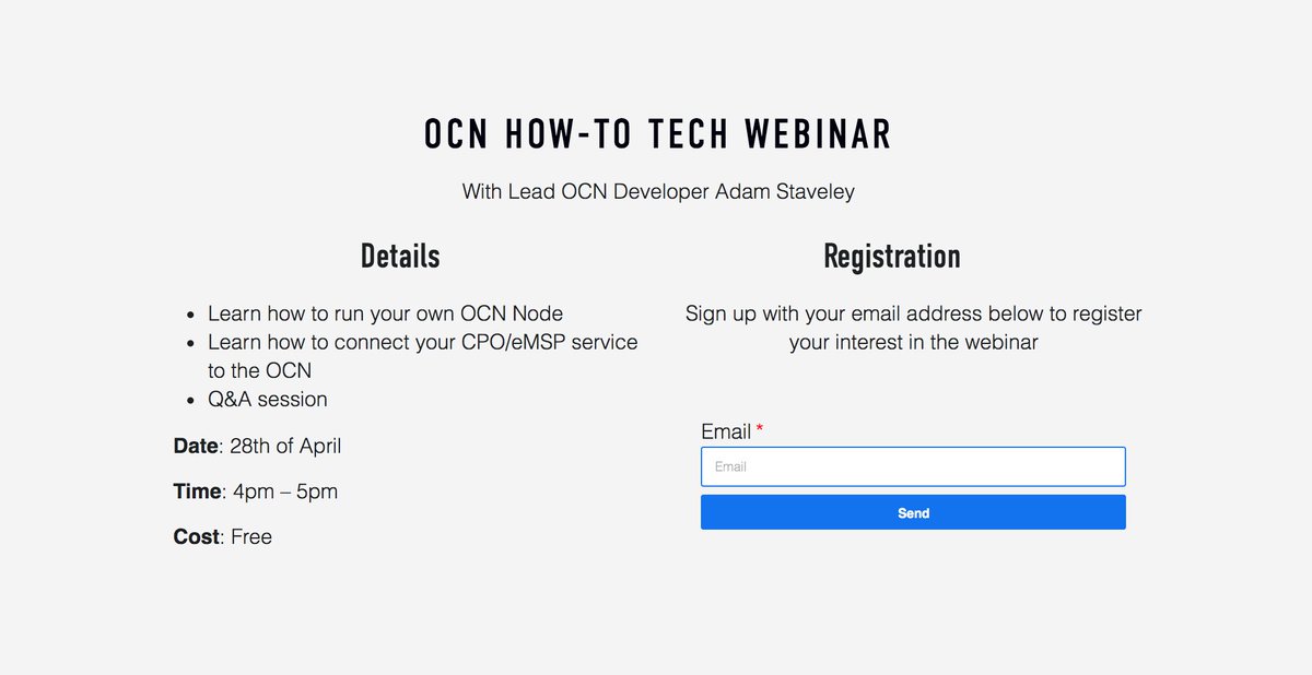 Join our free OCN How-To Tech Webinar with lead OCN developer Adam Staveley on the 28th of April. Learn how to run your own OCN Node or how to connect your CPO/eMSP service to the OCN. Follow the link to learn more and register your interest in the event.
shareandcharge.com/open-charging-…