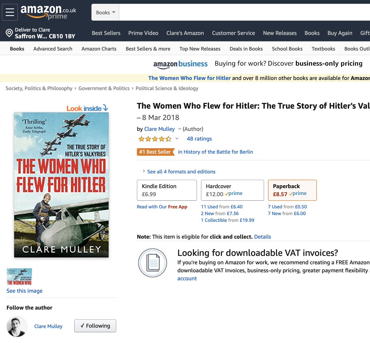 I’m at number one in an @AmazonUK chart! #TheWomenWhoFlewForHitler tells the remarkable story of fanatical Nazi #HannaReitsch & her nemesis #MelittaVonStauffenberg. One tried to save Hitler’s life, the other to kill him... #womenatwar #femalepilots