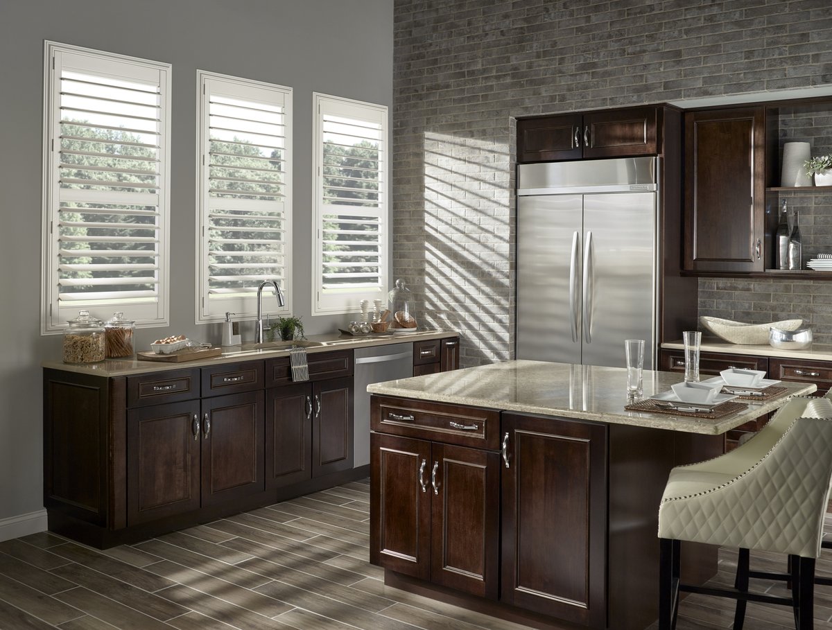 These Polyresin shutters work perfectly in the kitchen or bathroom, where there is a lot of moisture and heat. They are also easy to clean and offer great flexibility in light control. #shutters #BudgetBlinds #Kitchener #Guelph