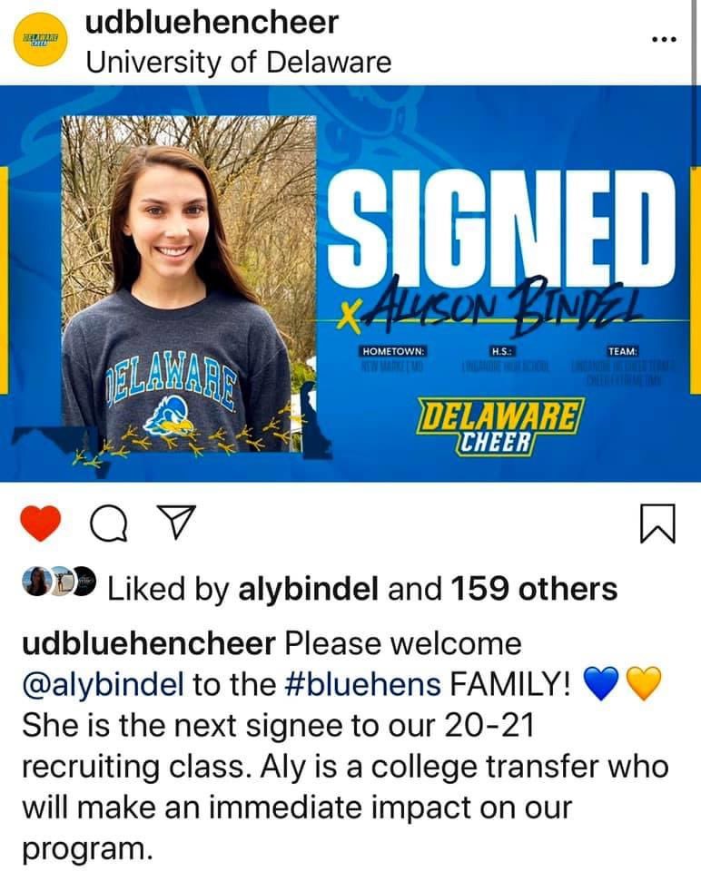 LinganoreCheer's tweet photo. Congratulations to one of our alum Aly, who just signed with UD Cheer!! Aly helped lead our team to our first ever State Championship in 2017 and was one of our amazing flyers!! We know she is gonna be awesome as a Blue Hen cheerleader!!! UD got a good one! So proud of you Aly!!! https://t.co/JVTGMpZDs0