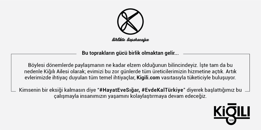 KigiliGiyimAS's tweet photo. Kimsenin evde bir eksiği kalmasın diye “#HayatEveSığar, #EvdekalTürkiye” diyerek başlattığımız bu çalışmayla insanımızın yaşamını kolaylaştırmaya devam edeceğiz. #BirlikteBaşaracağız https://t.co/vTqBps2ixv