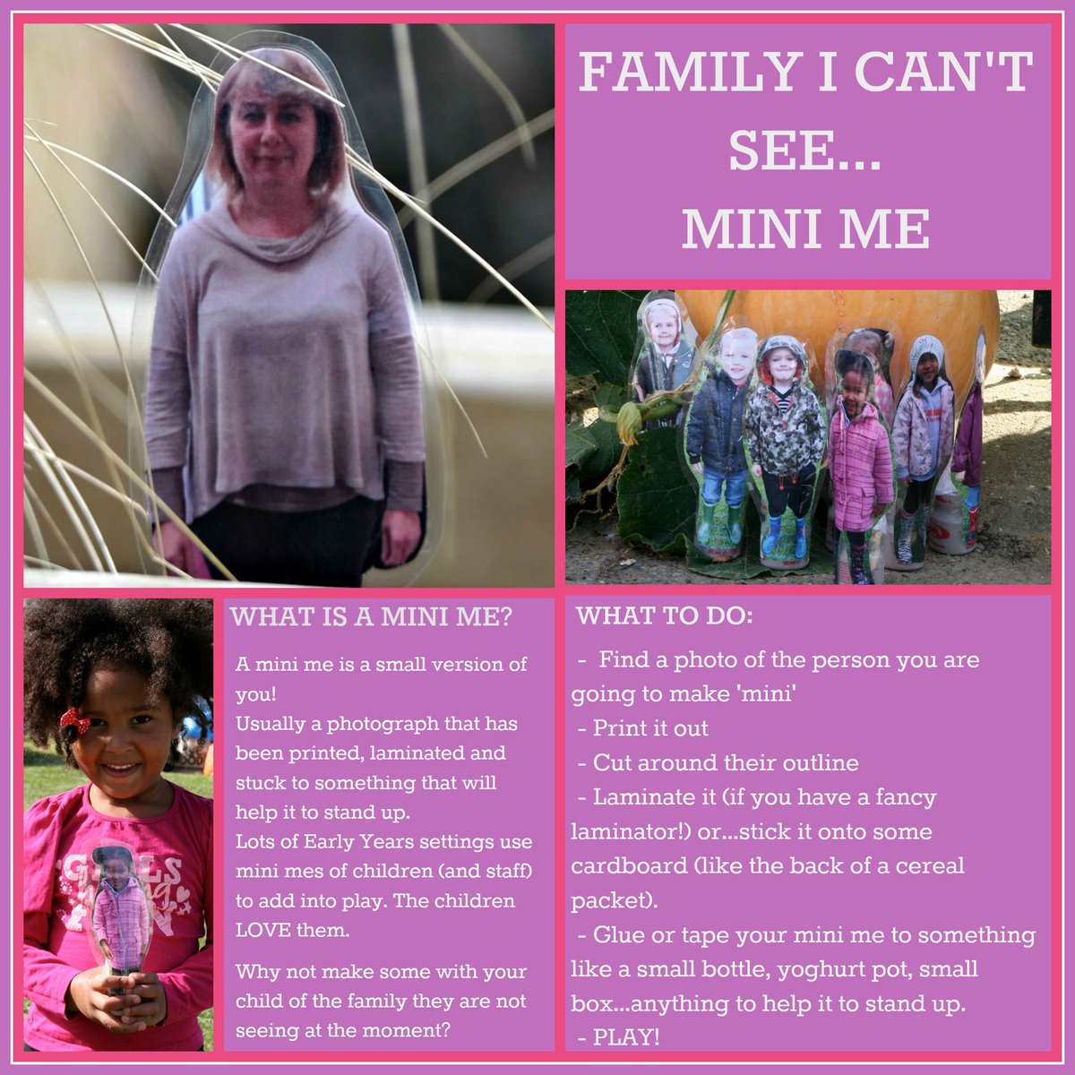 Who doesn’t love a Mini Me? Why not make some of the family and friends you are not seeing at the moment for children to play with? One of the new activities on the ‘home learning’ page at abcdoes.com. If you make some, please share!