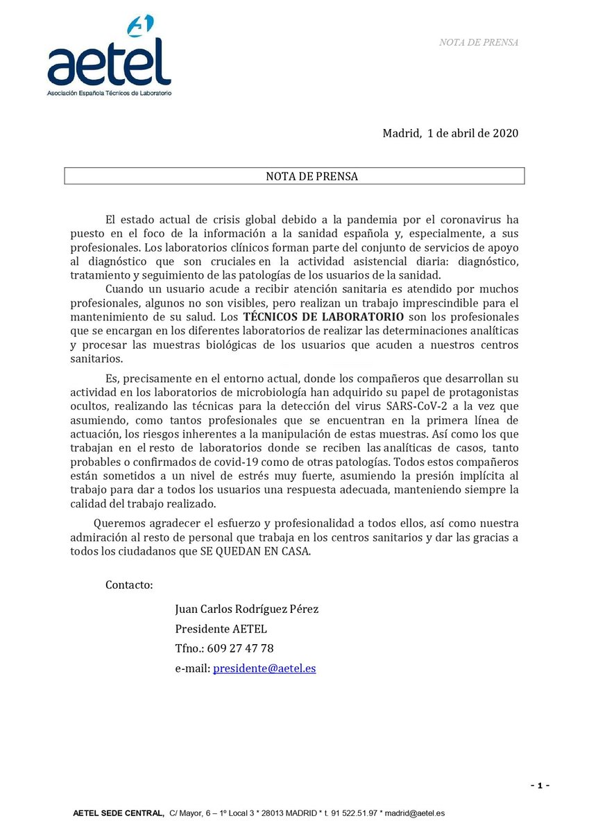 Compartimos la nota de prensa enviada a los medios de comunicación, con la que queremos hacer público el agradecimiento a la profesionalidad y esfuerzo de los Técnicos de Laboratorio que cada día realizan su trabajo junto al resto de los compañeros sanitarios.
#aeteltuasociacion