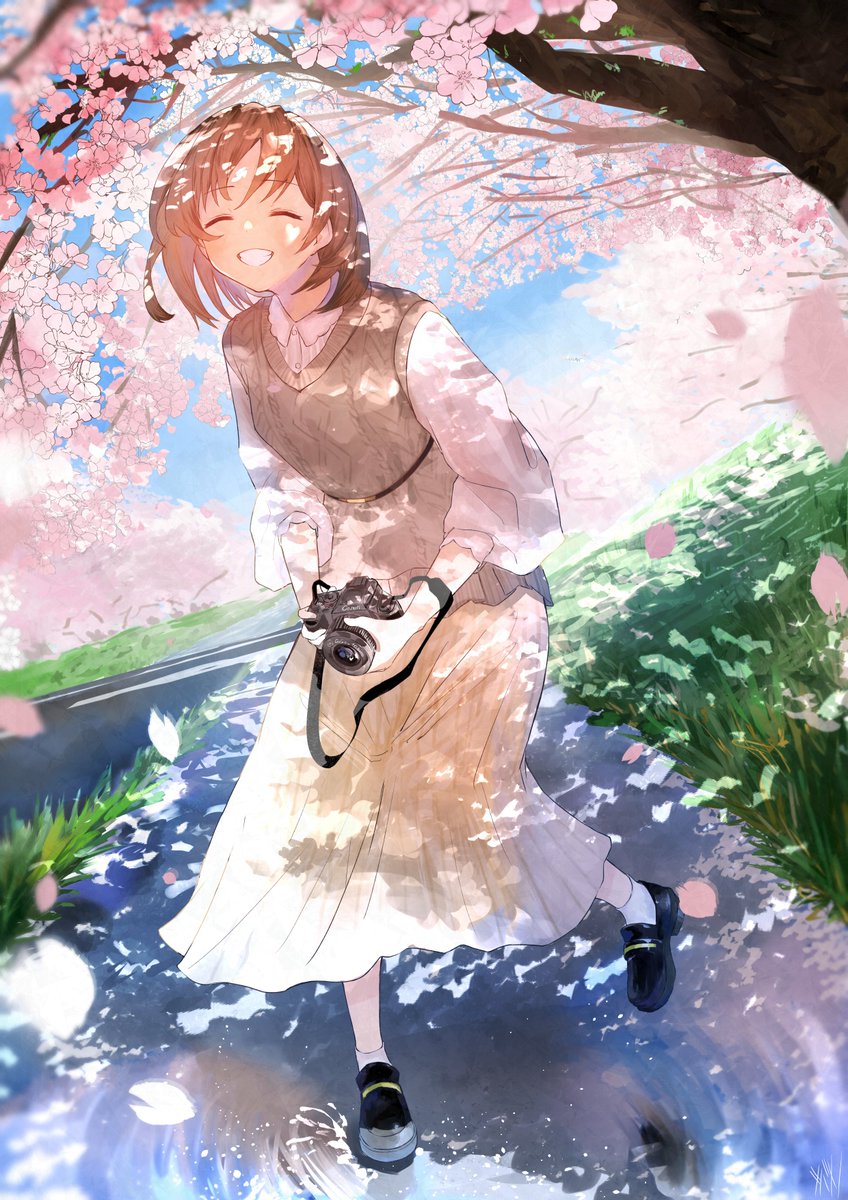 1girl cherry blossoms solo holding camera outdoors camera smile  illustration images