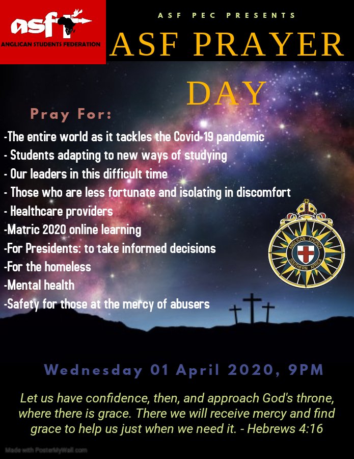 anglicanstudent's tweet photo. "Have we trials and temptations?
Is there trouble anywhere?
We should never be discouraged,
Take it to the Lord in prayer!"

We come together in prayer tonight at 9PM. #ASFWednesday #ASFPrayerDay #ASFBuzz🕯️🙏🏾❤💫🔥 https://t.co/oN4SUN3J1C