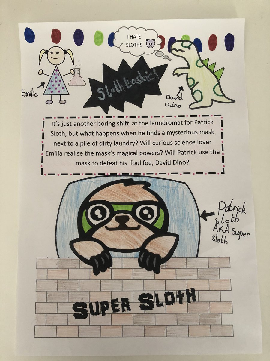 HLT_77's tweet photo. @StBernardsep @NKSuddaby @LilyMaeWalters1  Olivia loved today’s task! Here’s her blurb (and back cover) for her story Super Sloth. She used Microsoft Publisher for layout ⭐️ #slothtastic https://t.co/qd1cBVImJP