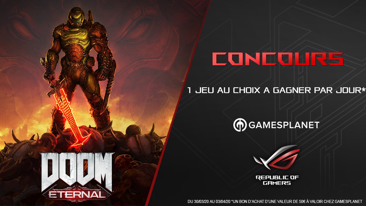 ASUS_ROG_FR's tweet photo. 🎁 #CONCOURS JOUR 3 🎁
GAGNE 1 JEU AU CHOIX PAR JOUR* !
Pour participer : 👇
🔹Retweet + Follow @ASUS_ROG_FR &amp; @GamesplanetFR
🔹Commente avec #ROGFromHome + un lien vers le jeu de ton choix chez https://t.co/3j66yozH2S 
🔹Bonus : Partage une photo de ton setup https://t.co/QgMWQN5xTp