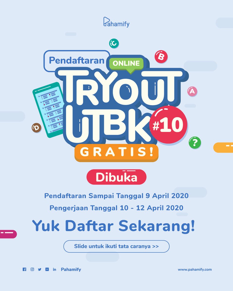 pahamify's tweet photo. Mau ikutan TryOut UTBK 10 GRATIS? BISA!

Begini cara daftar Tryout UTBK #10 ini secara gratis, simak ya!

ikuti caranya di thread ini https://t.co/HyF1sAiP45