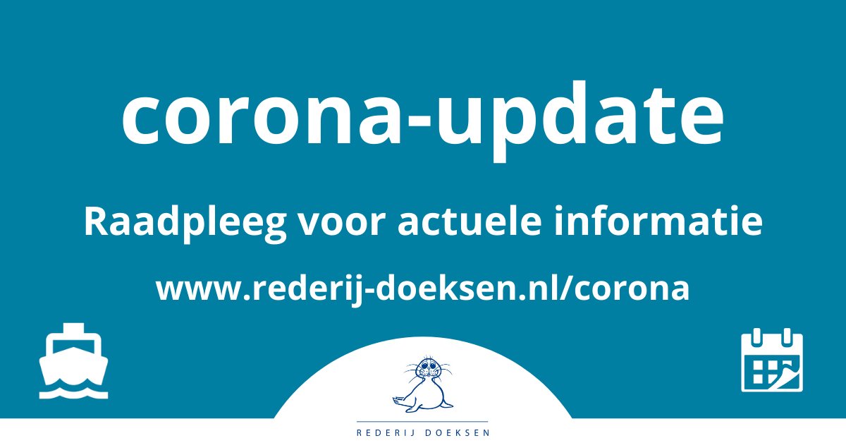 rederijdoeksen's tweet photo. We #verlengen alle getroffen maatregelen (inclusief de beperkte basisdienstregeling) #ongewijzigd tot en met 28 april. Dit n.a.v. van de persconferentie van dinsdag 31 maart. Alle actuele informatie over dit onderwerp lees je op https://t.co/wr0TrQHfaa #corona #staysafe 💙 https://t.co/DShkiHf7Oj