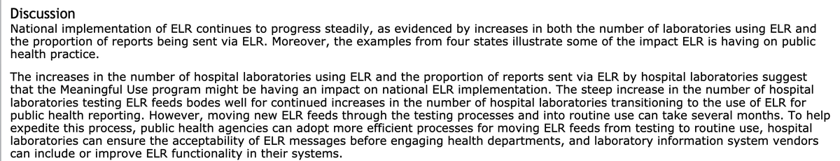 7/ A big help was the federal push to get hospitals on certified electronic health records, which I was a part of- hospital EHR use went from 9% to over 90% during the time I was at  @ONC_HealthIT among the things we required was standards for lab reporting- and it worked