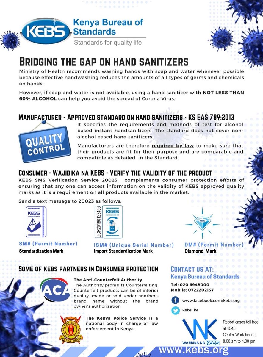 KEBS_ke's tweet photo. During this pandemic of the COVID-19, are you certain the Sanitizer that you are using is safe and conforms to the Kenyan Standards? 👇Is more information on how to verify the validity of Sanitizers. @MOH_Kenya @Trade_Kenya @IndustryKE @bnjinu https://t.co/CfxTT7HWKi