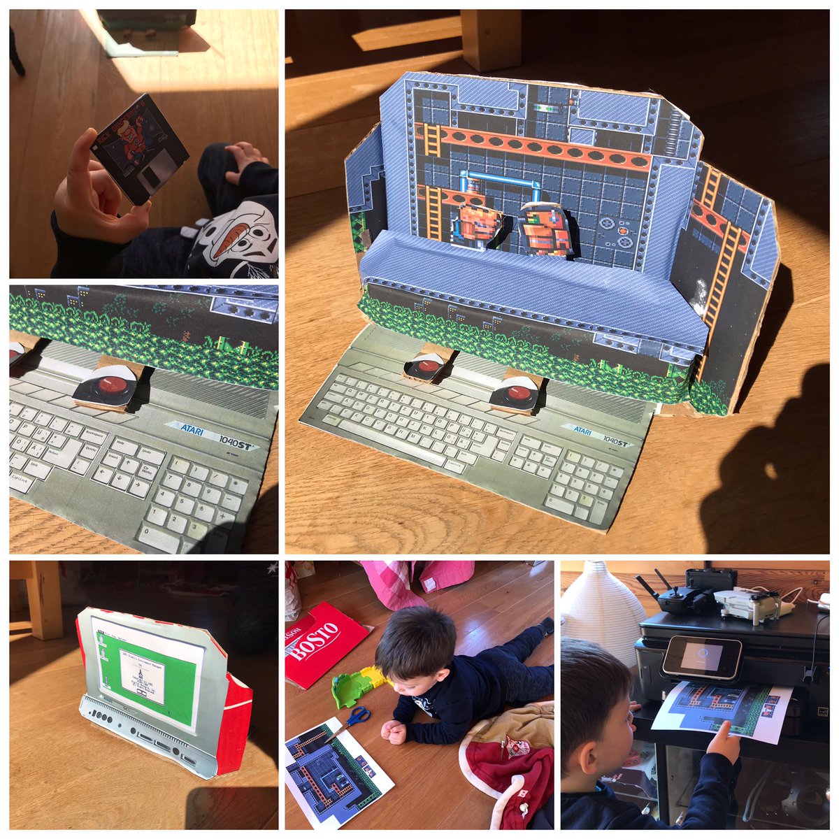 dercetech's tweet photo. #retrogaming &amp; #pixelart as a great way to keep a 3 yo #kid happy during the #COVID19 #confinement. Today is a #diorama made of cardboard after showing him #RickDangerous2 on a real #Atari ST 1040 🥰 Born after the #Millennials, this one will know what a #floppy is... https://t.co/4g20leReWl