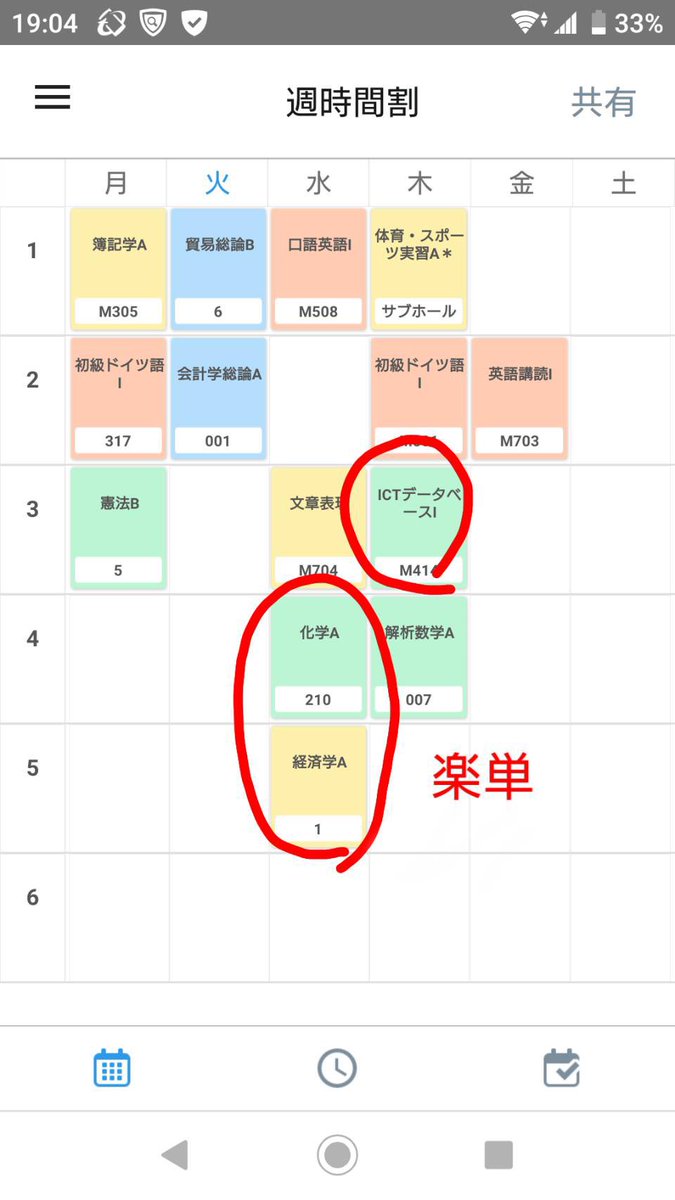 明治大学シーズンスポーツ同好会 Newアカウント 授業情報 商学部 商学部 の特徴は履修をミスらなければ一年間通してほとんど同じ時間割になります ですのでこの写真二枚はそれぞれ別の人の時間割となります 2枚目は印がついてるのが出席を取らない授業