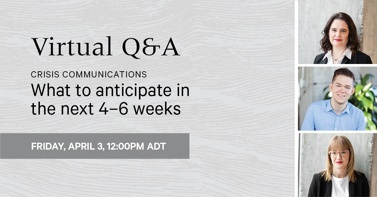 NATAtlantic's tweet photo. The phases of a crisis, and how we communicate during it are not always clear. Join us this Friday at noon, ADT for a virtual Q&amp;A with our experts. DM us your questions and be sure to join us! #COVID19 #crisiscommunications #employeeengagement https://t.co/RVT4irKU6e https://t.co/gEBdwiBzL4