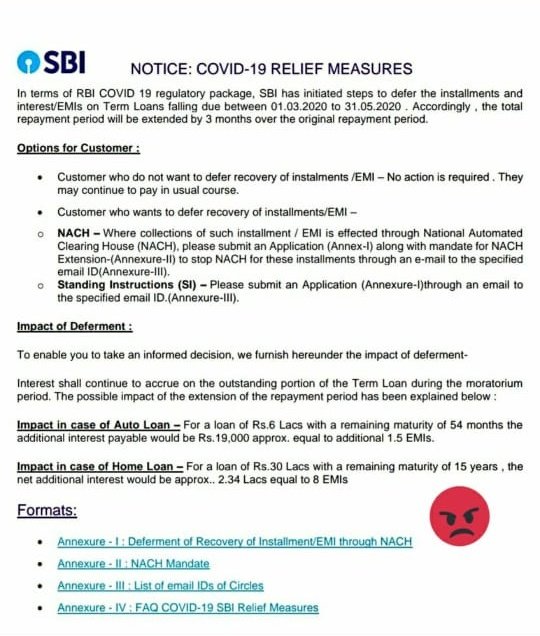 19/22"27th Mar: RBI announces 'huge' relief including 3-month moratorium on all loan installments."You and your adjectives. What moratorium if you're gonna charge interest for those 3 months anyway, PLUS add 3 extra months to the loan term? You're basically capitalizing!