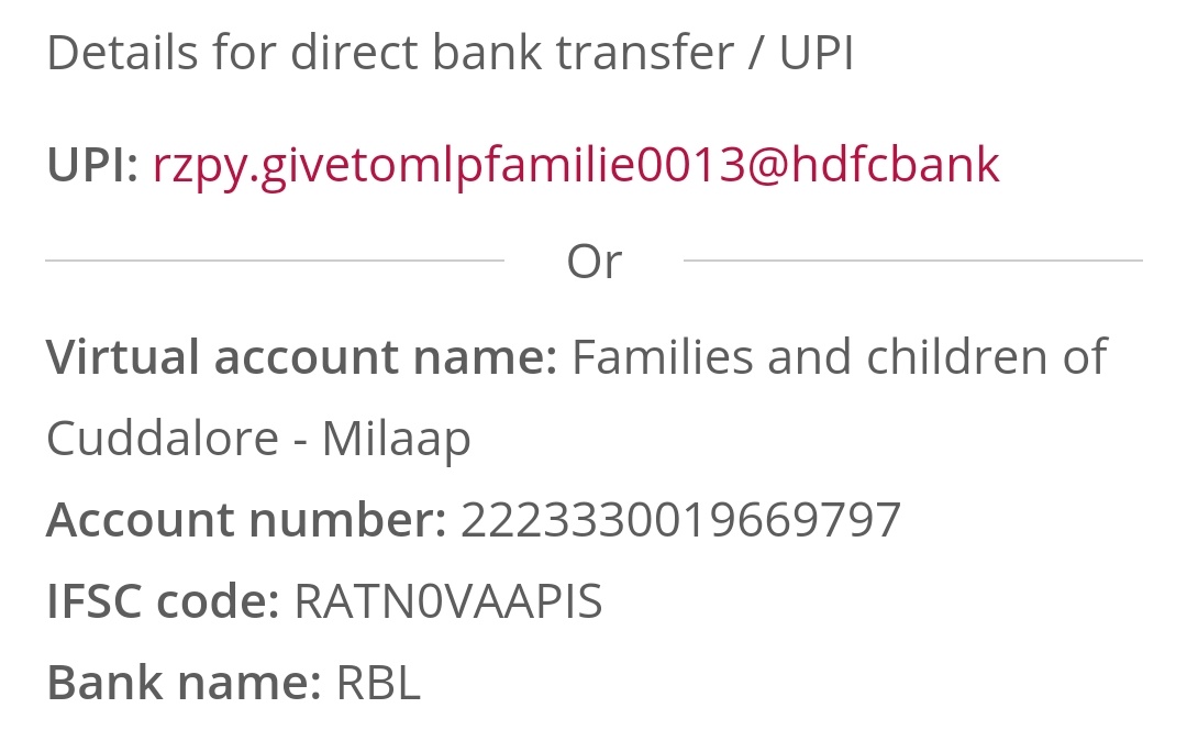 You can also donate via direct bank transfer or UPI. Details are in the picture.