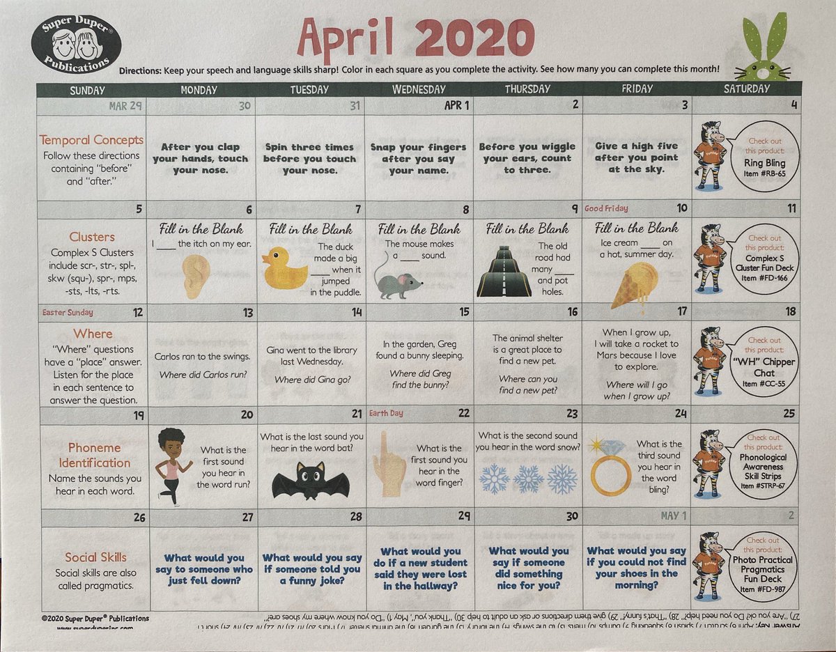 30 days of language skills thanks to <a href="/SuperDuperPub/">Super Duper</a>.  This month focuses on temporal concepts, clusters, where questions, phoneme identification, and social skills. <a href="/Hannahschooners/">Hannah School</a> <a href="/staceespeech/">Stacee Hernandez</a>