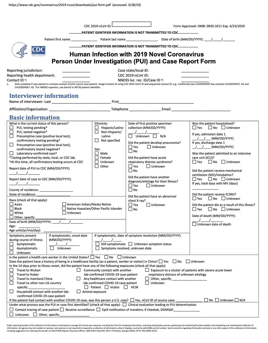 12/ This is the current Case Report Form from CDC for  #COVID19 https://www.cdc.gov/coronavirus/2019-ncov/downloads/pui-form.pdfIt's actually not too bad as these things go- but CDC is getting so few of these filled out with clinical data that they are reportedly (not confirmed) giving up, trying to get a shorter form