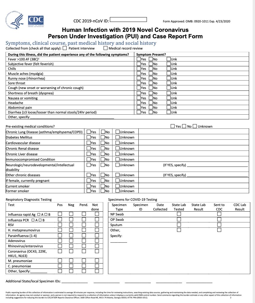 12/ This is the current Case Report Form from CDC for  #COVID19 https://www.cdc.gov/coronavirus/2019-ncov/downloads/pui-form.pdfIt's actually not too bad as these things go- but CDC is getting so few of these filled out with clinical data that they are reportedly (not confirmed) giving up, trying to get a shorter form