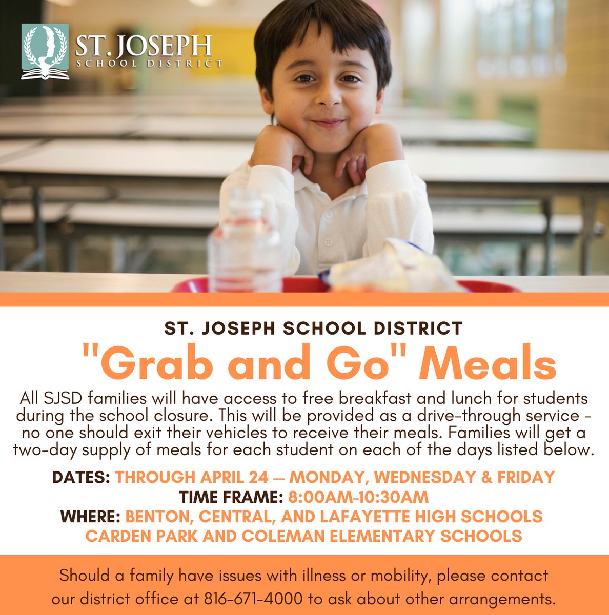 GRAB AND GO MEALS: Just a reminder that today is a meal distribution day for <a href="/StJosephSchools/">St. Joseph School District</a> families. Drive through one of the locations listed below between 8-10:30am to pick up meals for your student(s). #WEareSJSD #InThisTogether