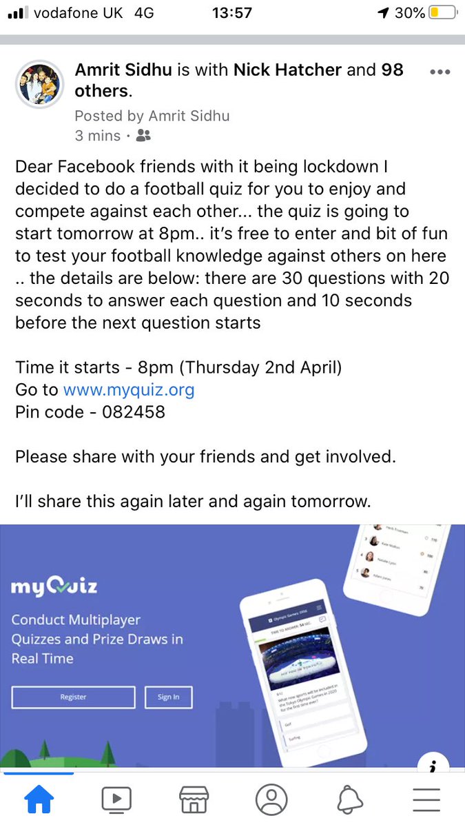 Hi guys I’ve put together a football quiz to keep everyone occupied .. if you’re interested the details are below.. it’s all a bit of fun with a leaderboard so you can see how you’re getting on against everyone .. so get involved it’s 8pm tomorrow 30 questions multiple Choice