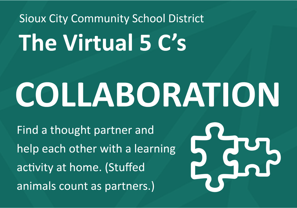 EHS_SCCSD's tweet photo. Collaboration: Find a thought partner and help each other with a learning activity at home (Stuffed animals count as partners). View a full list of learning activities here: https: https://t.co/ZvTZzuMJdF. Share a GIF to represent your activity. #SCCSD #Virtual5C's #Collaboration https://t.co/8BmnfXBqPs