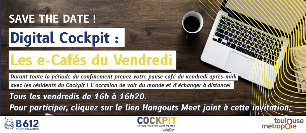 Parce que garder le contact est important durant cette période, le <a href="/CockpitB612/">Cockpit B612</a> a mis en place un rendez-vous hebdomadaire : Le #eCafé! L'occasion pour les résidents de l'accélérateur du B612 se retrouver et d'échanger ! #RestezChezVous