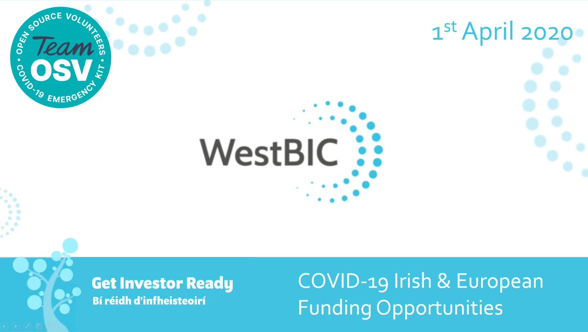 We are very lucky to have Helena Deane (<a href="/West_BIC/">WestBIC</a>) provide a webinar to us today at 6pm GMT on EU and IRL project funding guidelines and grant supports of relevance for the #COVID19 crisis. 

Time: Apr 1, 2020 06:00 PM GMT
Details via: join.slack.com/t/osv-x/shared…