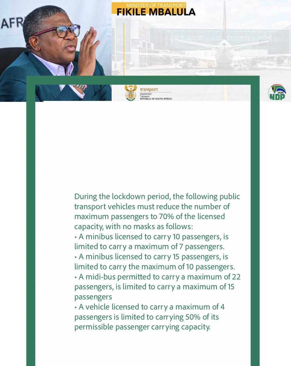 MbalulaFikile's tweet photo. During the lockdown period, the following public transport vehicles must reduce the number of maximum passengers to 70% of the licensed capacity, with no masks as follows:

• A minibus licensed to carry 10 passengers, is limited to carry a maximum of 7 passengers. https://t.co/O5wwMABGSv