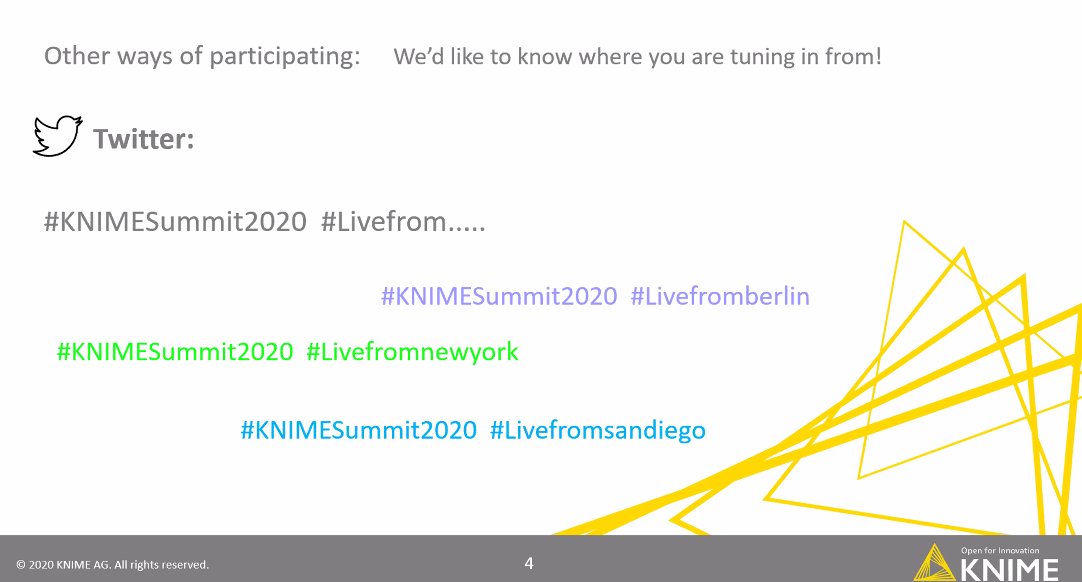 knime's tweet photo. We are now LIVE! Send out a tweet and let us know where you are joining from! https://t.co/E2eGnHvtj0 #KNIMESummit2020 #Livefromberlin https://t.co/1oh2ynQSVy