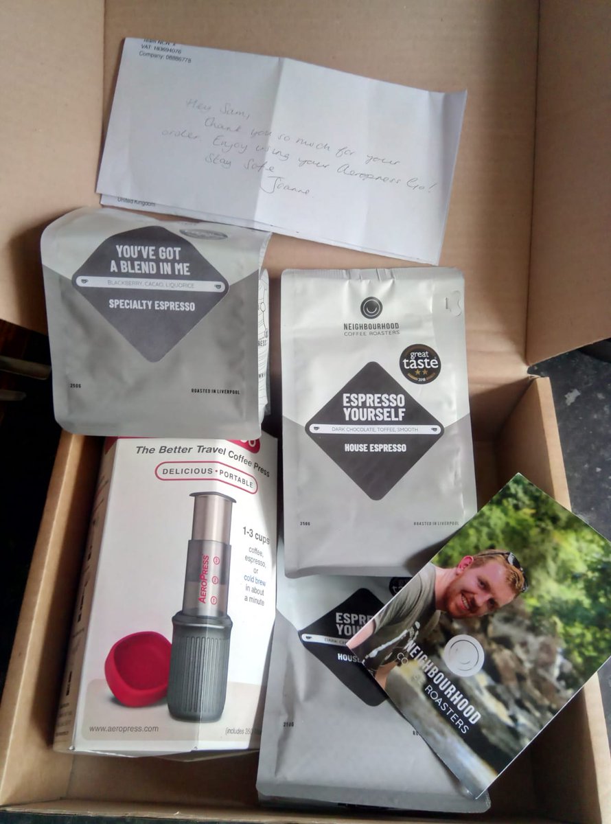 samadamsuk's tweet photo. Supplies have arrived! We will be ok! 
Thanks @NhoodCoffee for the great coffee, quick delivery and handwritten note! And a new toy for coffee on the go! :) 
#survival #coffee #aeropressgo https://t.co/X7MRXwelGQ