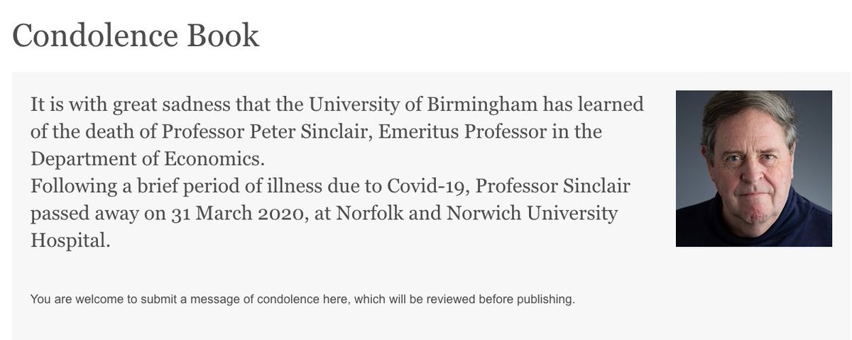 unibirmingham's tweet photo. The outpouring of messages about Prof Peter Sinclair have been incredible. If anyone would like to share a message on his Condolence Book page you can do so here: https://t.co/o1xI2jXGeF https://t.co/O7kXprn0q4