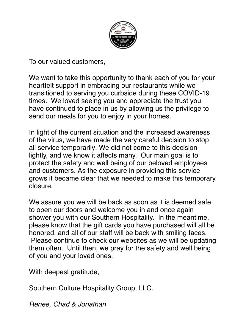 LTOBurgerBar's tweet photo. An update from your LTO Family. Stay safe, Greenville. We will see ya soon. ❤️
.
.
#yeahthatgreenville #gvltoday #greenvillesc #killcovidnotsmallbiz https://t.co/DHesijxZJS