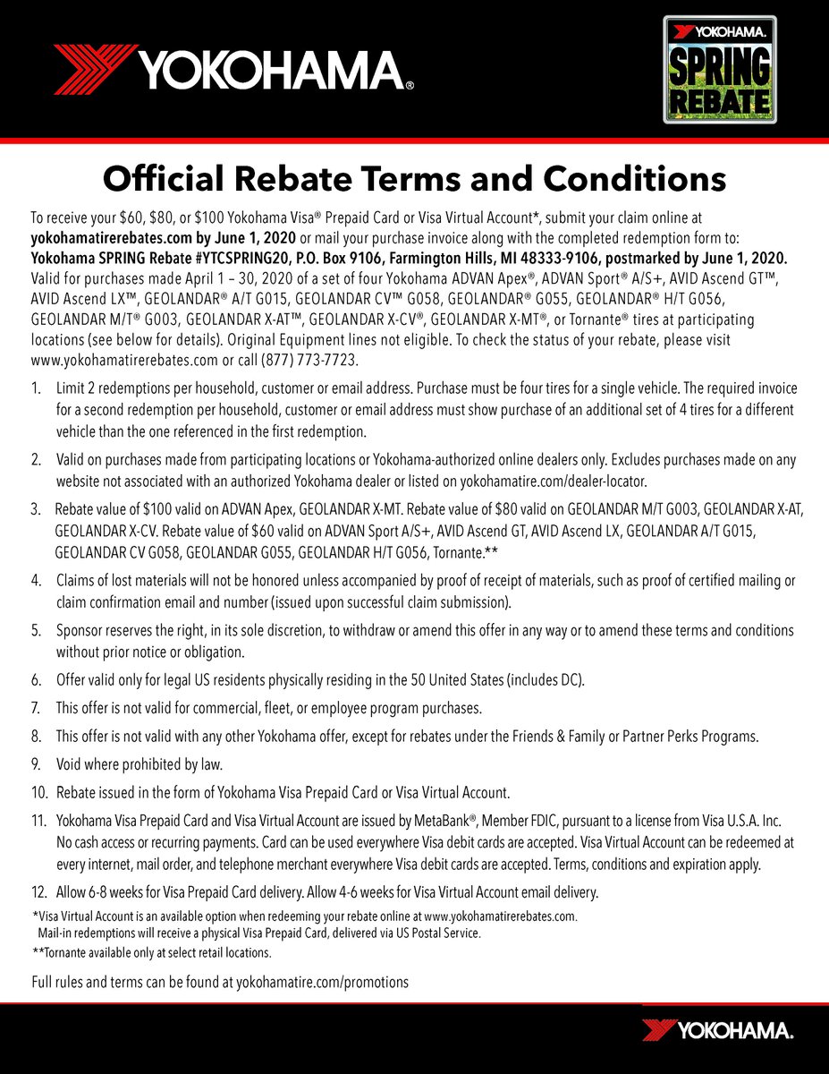 AAAutoStores's tweet photo. Get up to a $100 rebate when you purchase 4 eligible tires from Yokohama.
 
See form for details.

#tires #rebate Yokohama Tire https://t.co/lW3PWOb6be