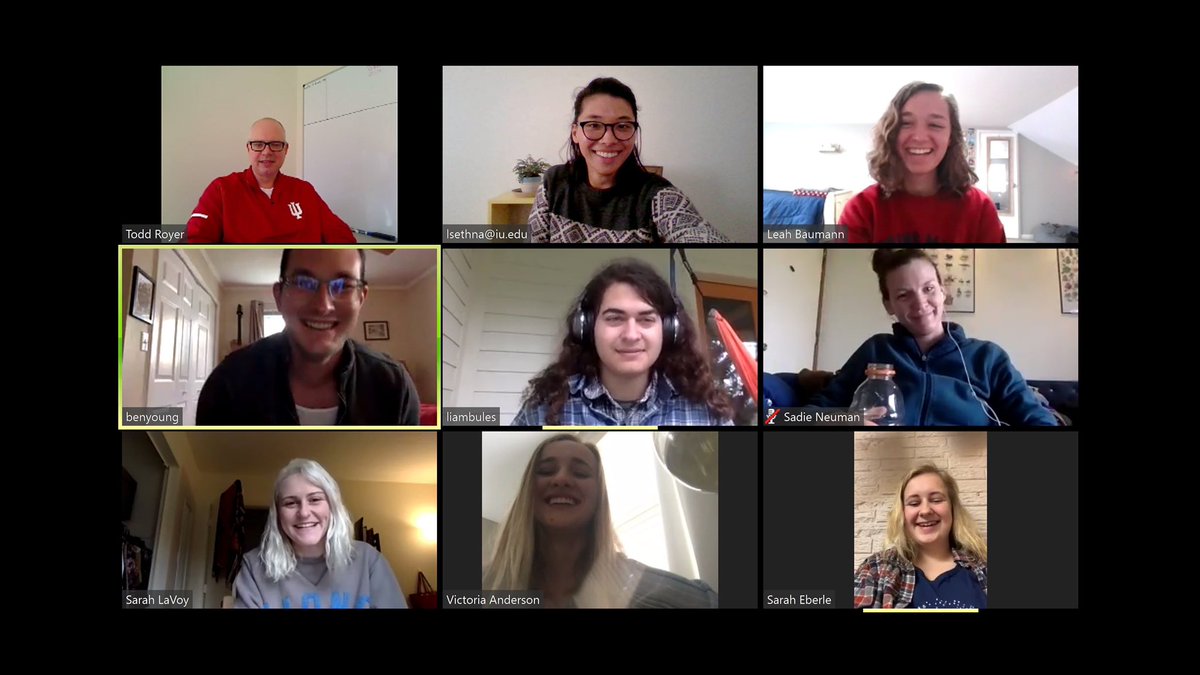 RoyerLab's tweet photo. Our first virtual lab meeting was a success - good to have everyone in the same “zoom” #SocialDistancing @IUONeillSchool https://t.co/OKZBPc8nq8