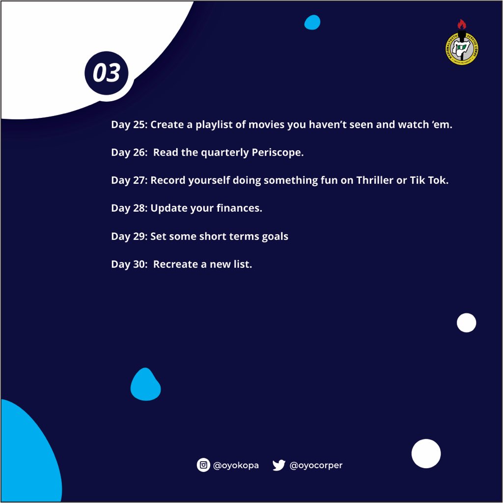 OyoCorper's tweet photo. Happy new month!!!!
Gentle Men, corps members.
As we all know the lock down may be on for a very long time. We have come up with a chart to help your stay at home a little easy . We care!!!!
#staysafe #stayathome #washyourhandsregulary #avoidtouchingyourface
#BeResponsible https://t.co/ViWKFpfFeO