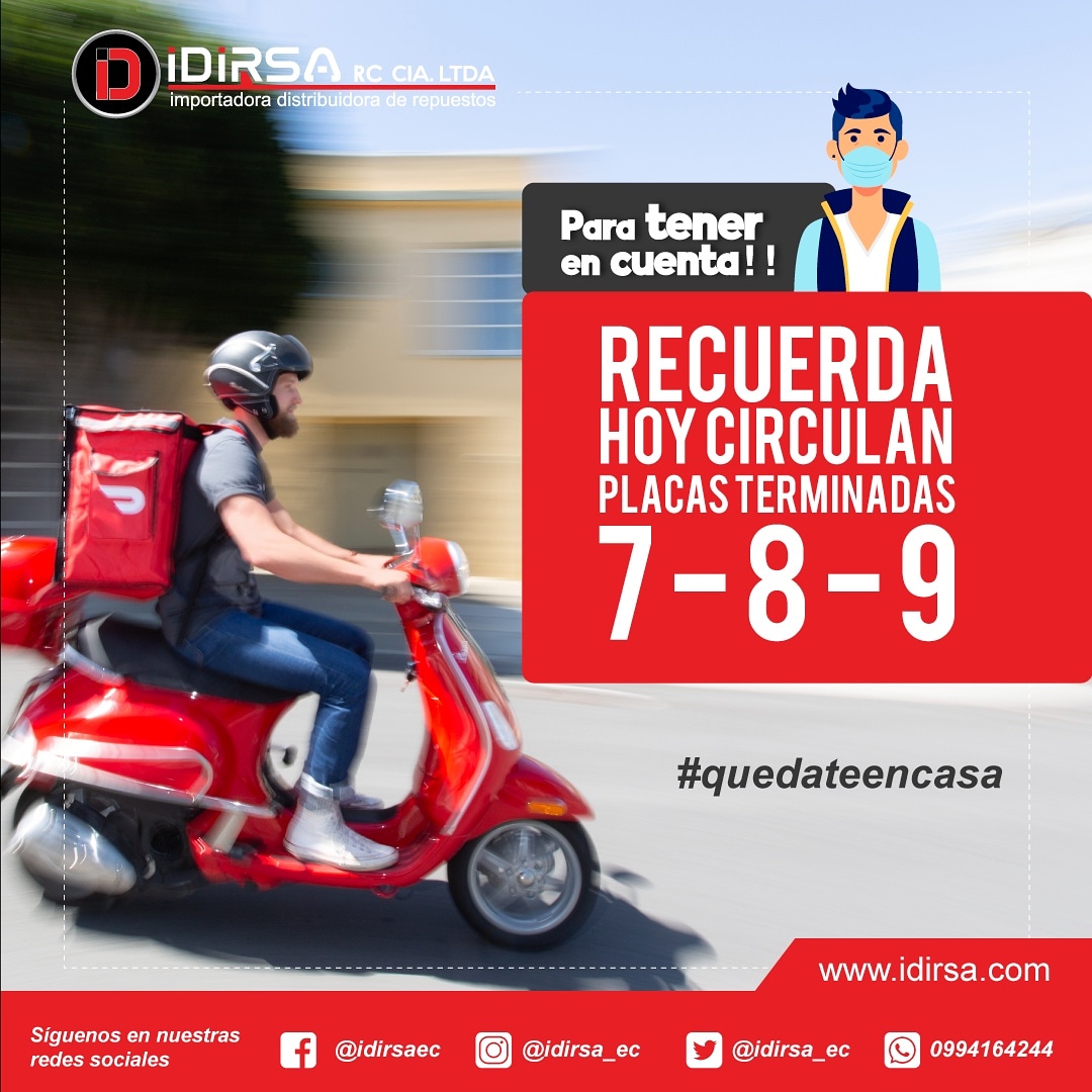 Idirsa_ec's tweet photo. Amigo motorizado, muy importante no olvides
Que hoy solo circulan las placas terminadas en 7 8 9 #quedateencasa #todoscontraelcovid19 #ecuador #deestasalimosjuntos https://t.co/pg2Tzv36XH