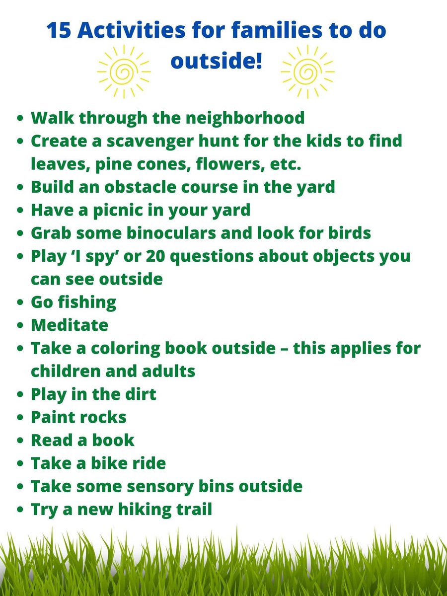☀️The sun is shining and today's weather looks promising! Here are a few outdoor activities for you and your family to do today. During this time, it is important to take care of your mental and physical health. Spending time outside reduces stress &amp; boosts your immune system! ☀️