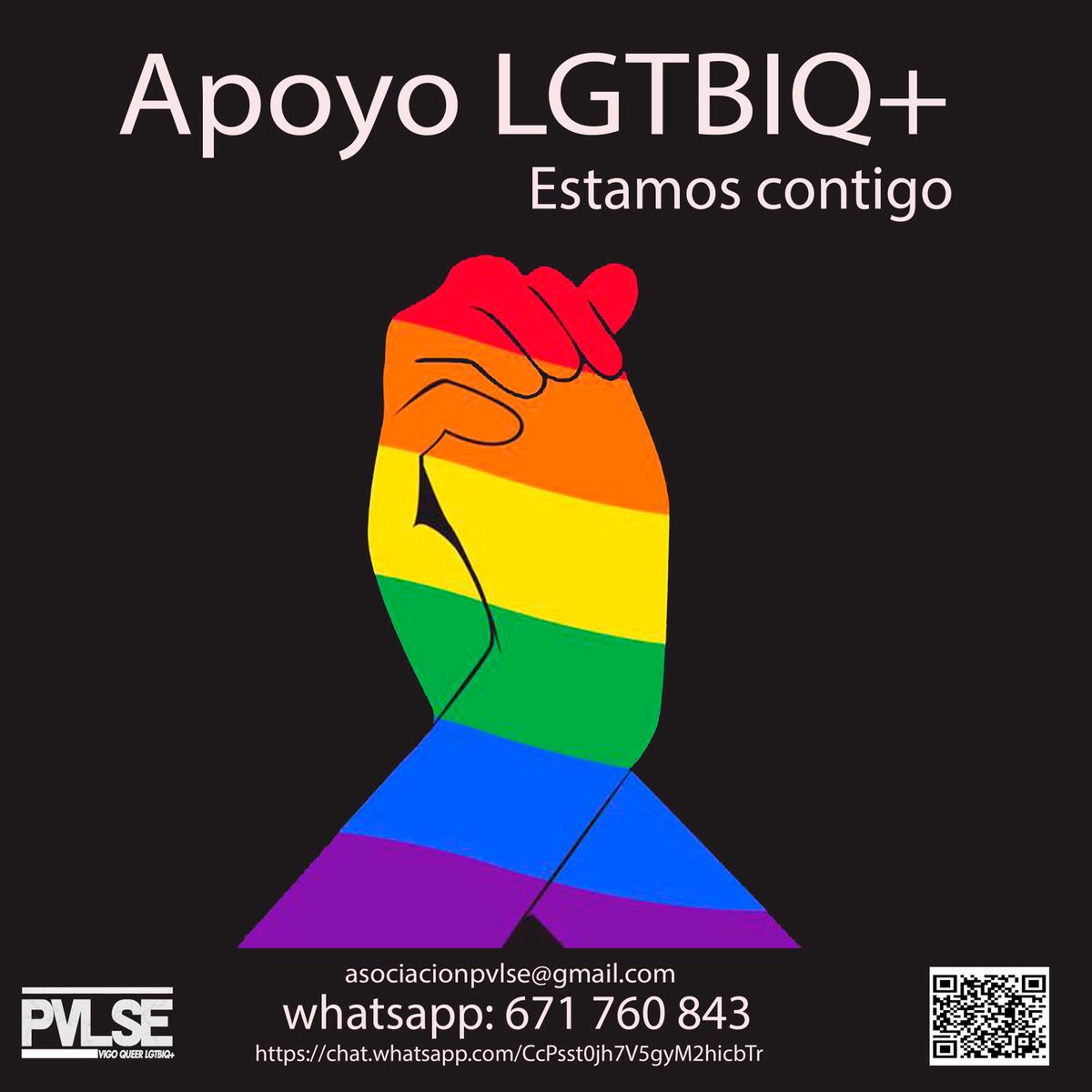 Pvlse_vigo's tweet photo. En contactacto con la Conselleria de Sanidad en esta campaña de Wapo, Pvlse Vigo se suma a la campaña nacional de apoyo psicológico a la comunidad Lgtbiq.

Nos podéis contactar por WhatsApp, teléfono o email :

ESTAMOS CONTIGO! 🤗

 #wapo #pvlsevigo #lgtbiq https://t.co/rrCmXJG832