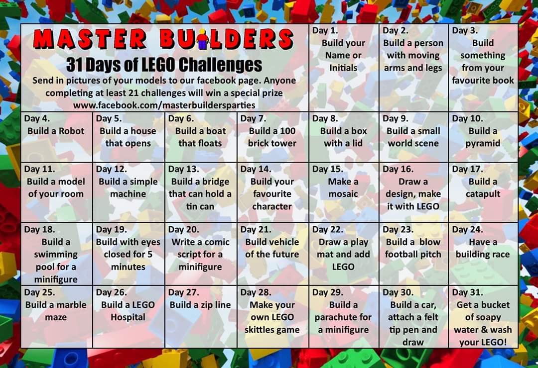 BeefScuffer's tweet photo. 31 Days of LEGO Challenges. Complete at least 21 and post your pics on our Facebook page to win a small prize 😊
https://t.co/k7JA26w1Uv https://t.co/JUsgxH5O4J